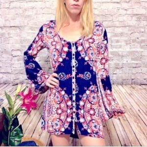 Billabong Floral Tunic Dress Womens M Medium Blue Tunic Top Bell Sleeve Y2K